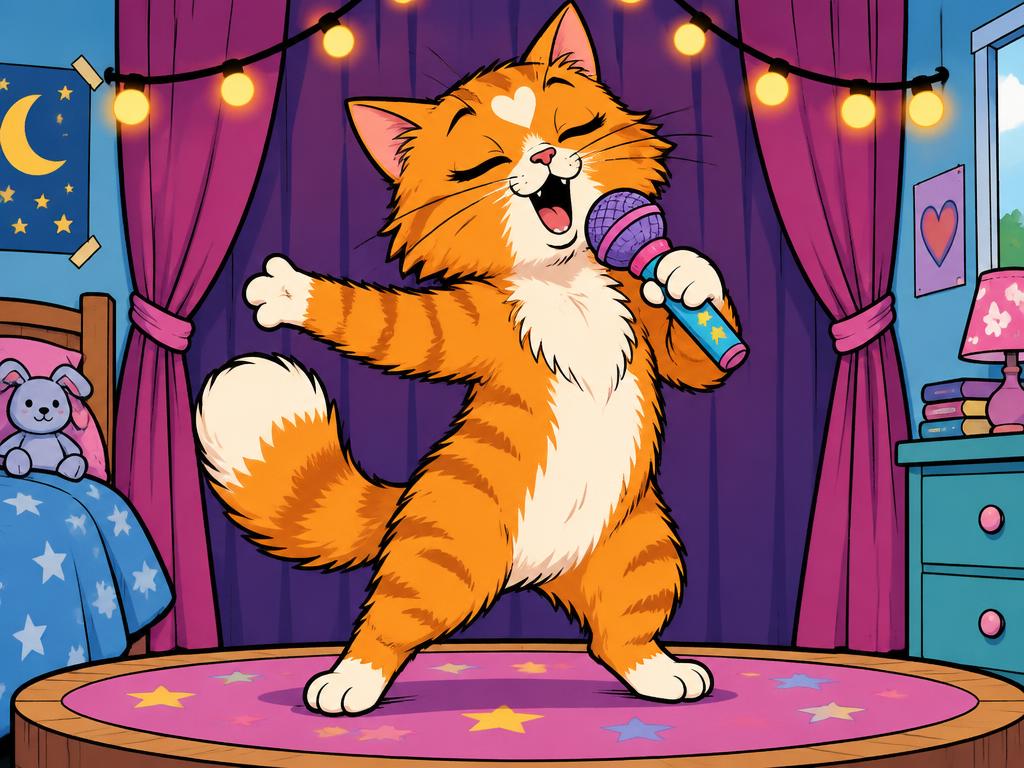 Lucy singing into a toy microphone on the bedroom stage