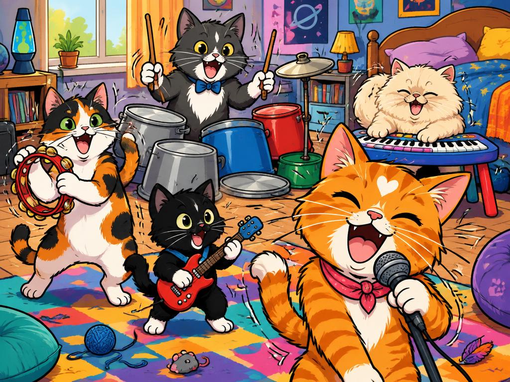 The full cat band rehearsing loudly in the bedroom
