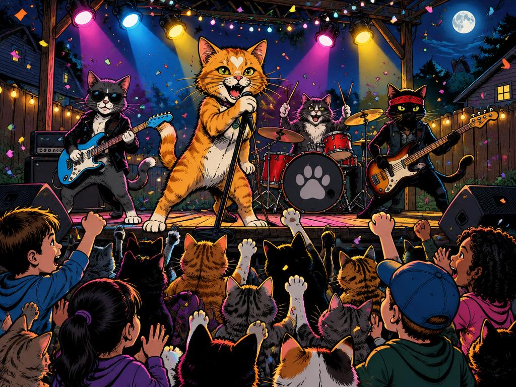 The cat band playing a night concert on a backyard stage to a big crowd