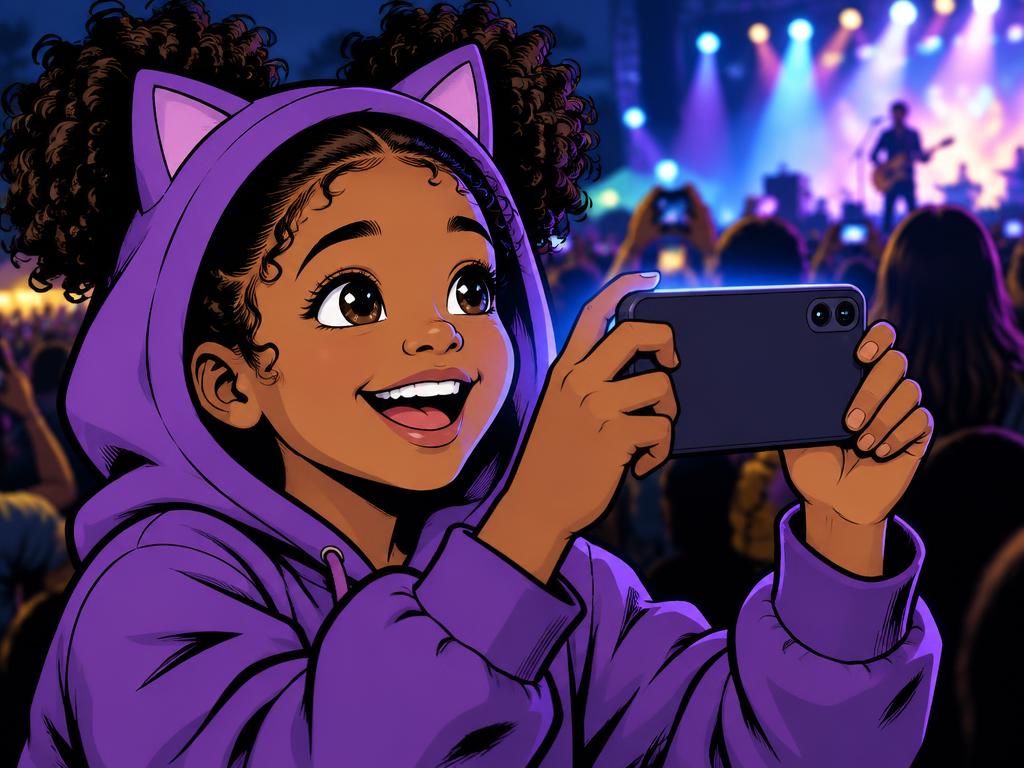Marisha filming the concert on her phone, glowing with excitement