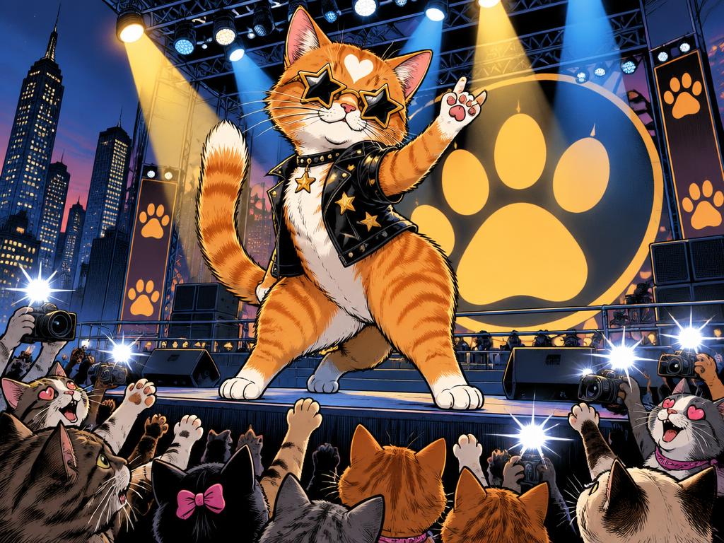 Lucy posing like a rockstar in star sunglasses under big stage lights