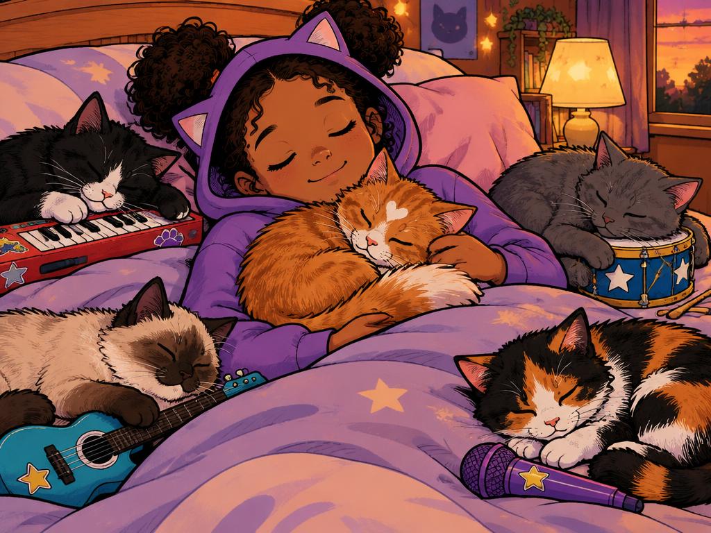 Marisha asleep with Lucy and the band cats curled up around her