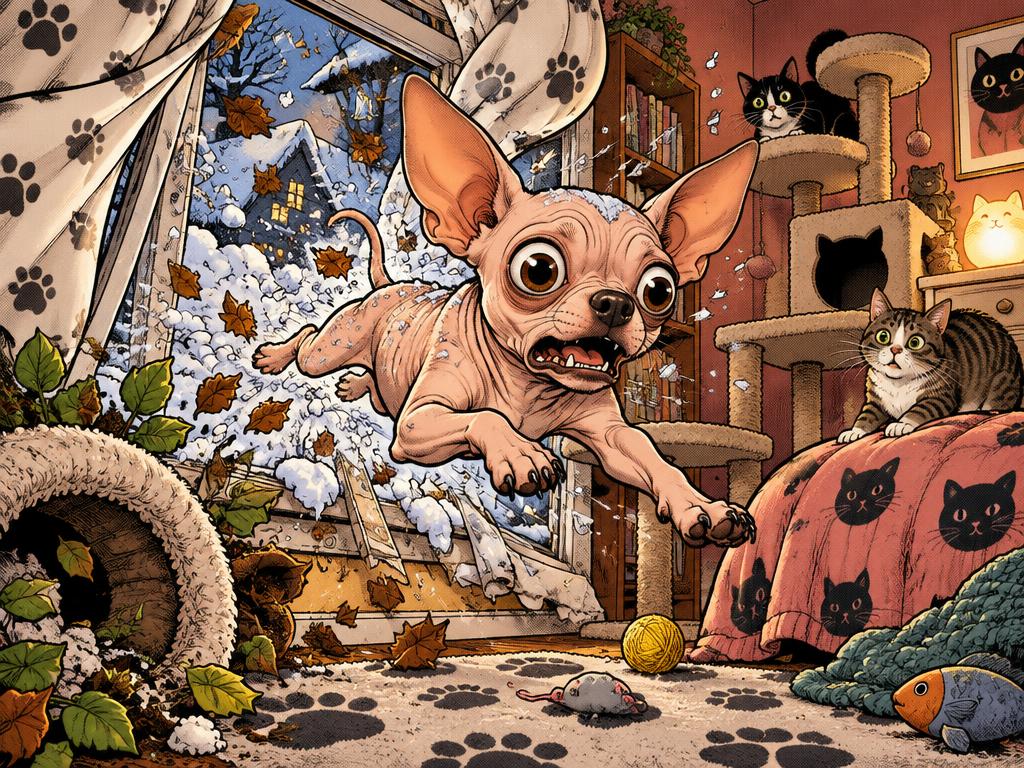 A peachish hairless chihuahua crashing in through the bedroom window