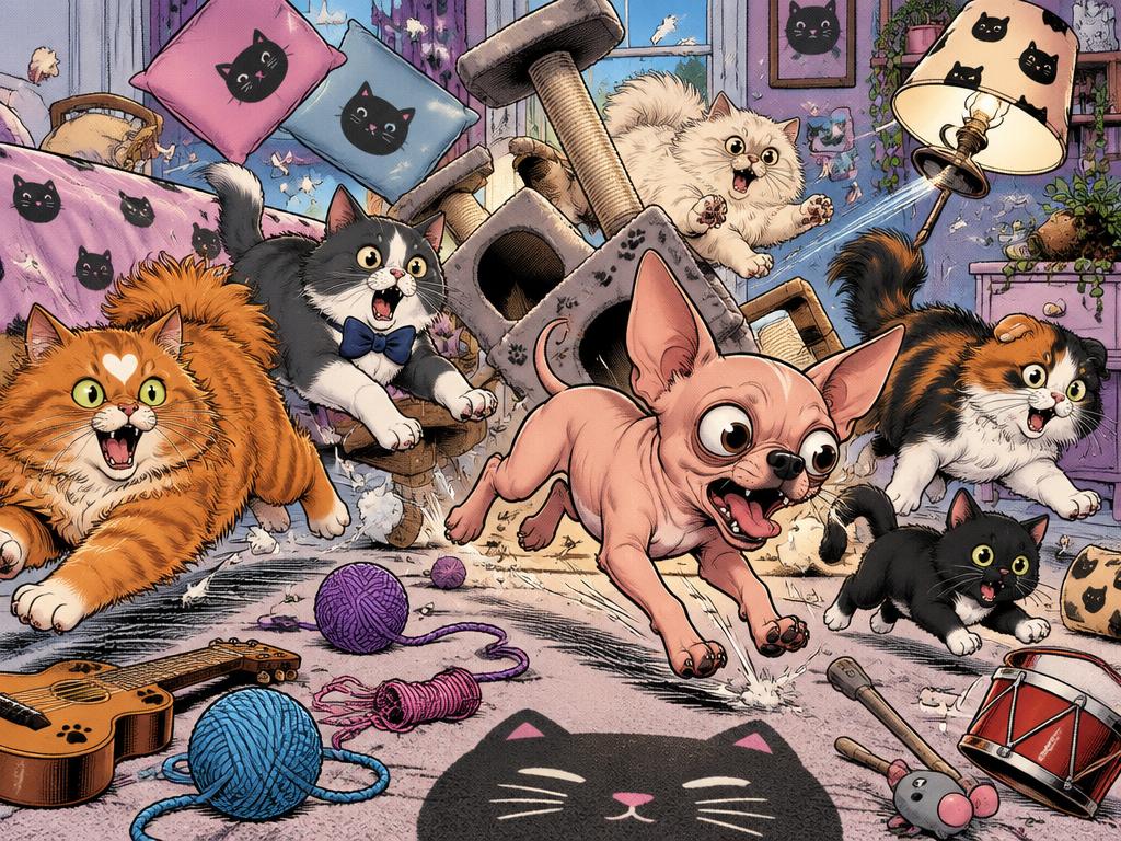 The chihuahua tearing through the bedroom while five cats scatter