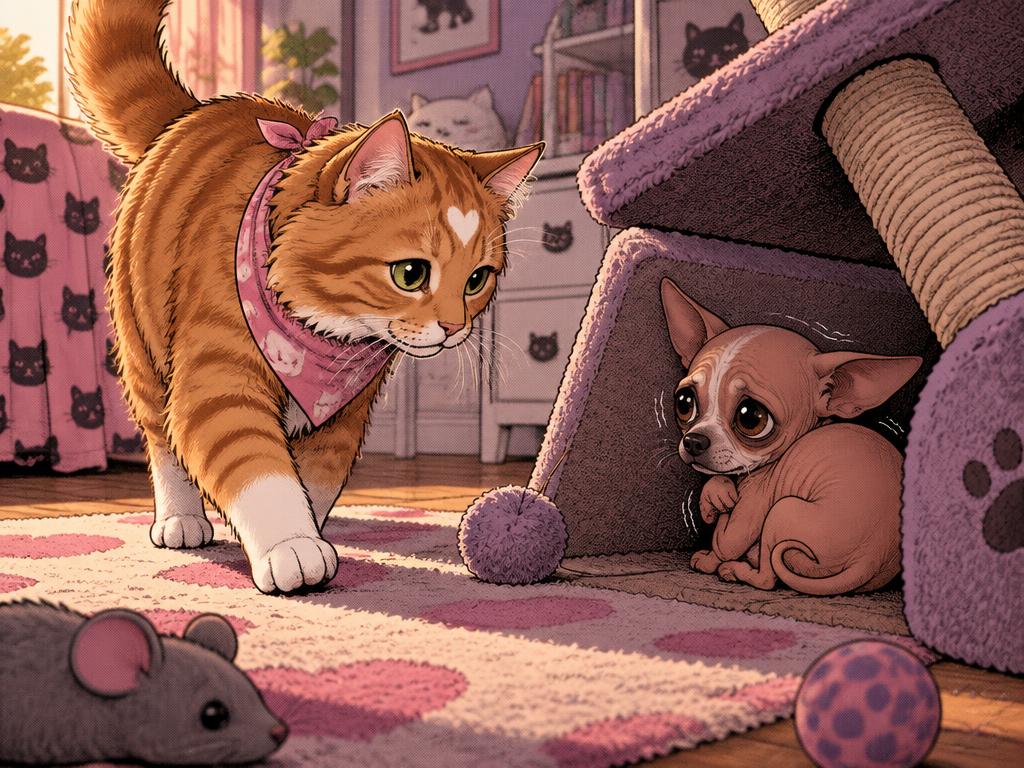Lucy walking bravely toward the trembling chihuahua hiding behind a toppled cat tower