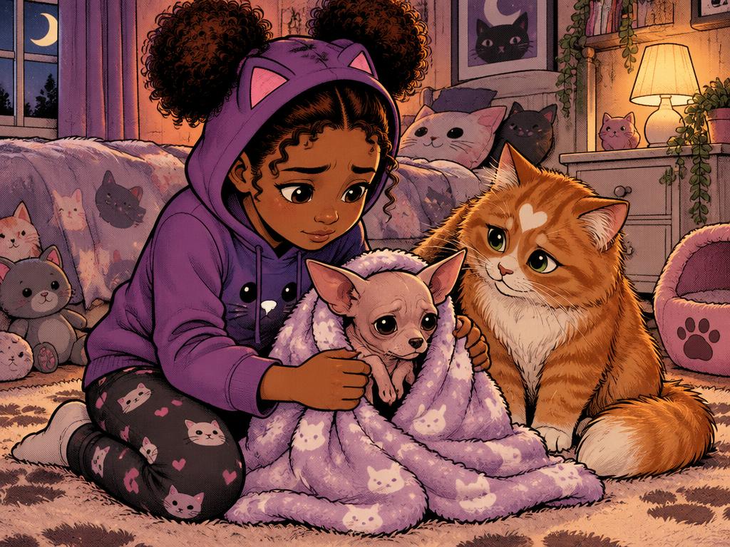 Marisha wrapping a blanket around the shivering chihuahua with Lucy beside her