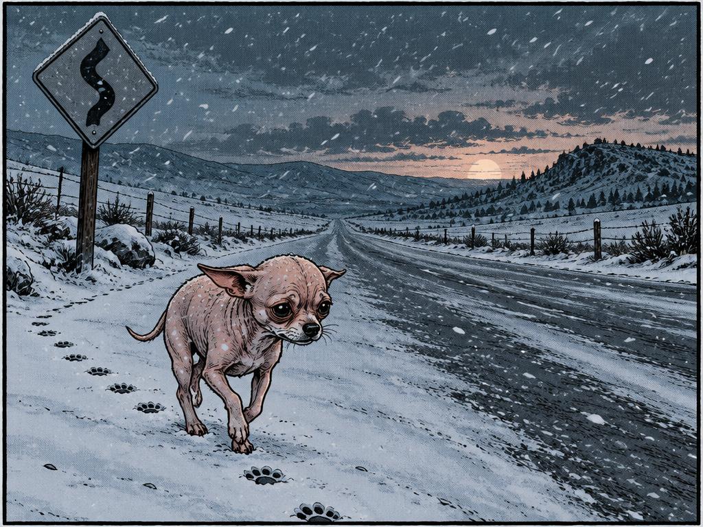 The little chihuahua running alone down a snowy highway at dusk