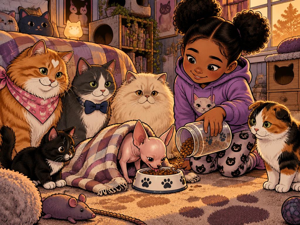 Burrito eating hungrily from a paw-print bowl surrounded by the cats and Marisha
