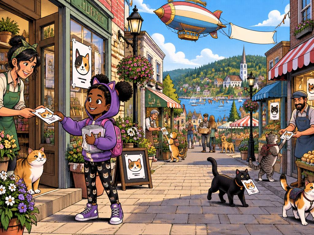 Marisha and the cats handing out concert flyers along the shops of Meowintime, a blimp overhead