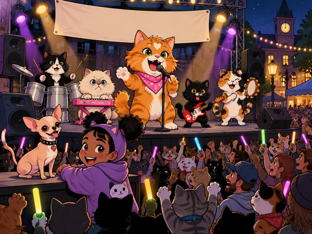 A packed night benefit concert in the town square with the cat band on stage