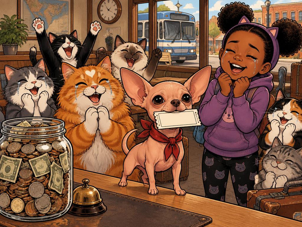 Burrito holding a bus ticket in his mouth at the station while the cats and Marisha cheer