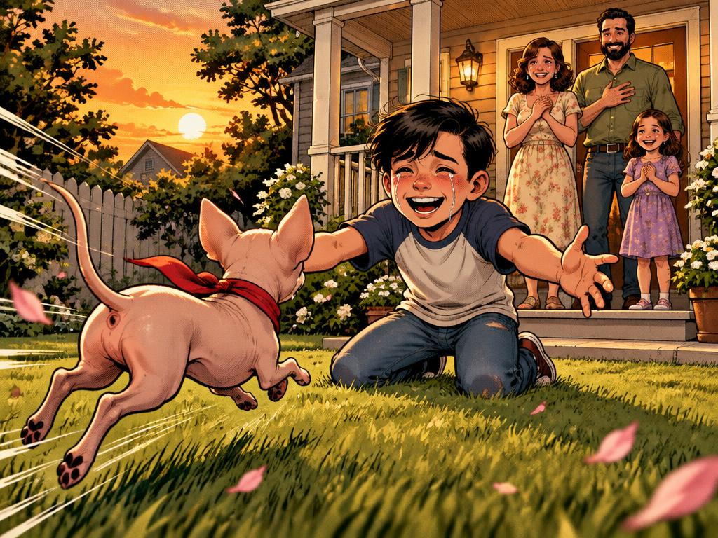 Burrito running across a lawn into the arms of a light-skinned boy with swooped black hair, family watching from the porch