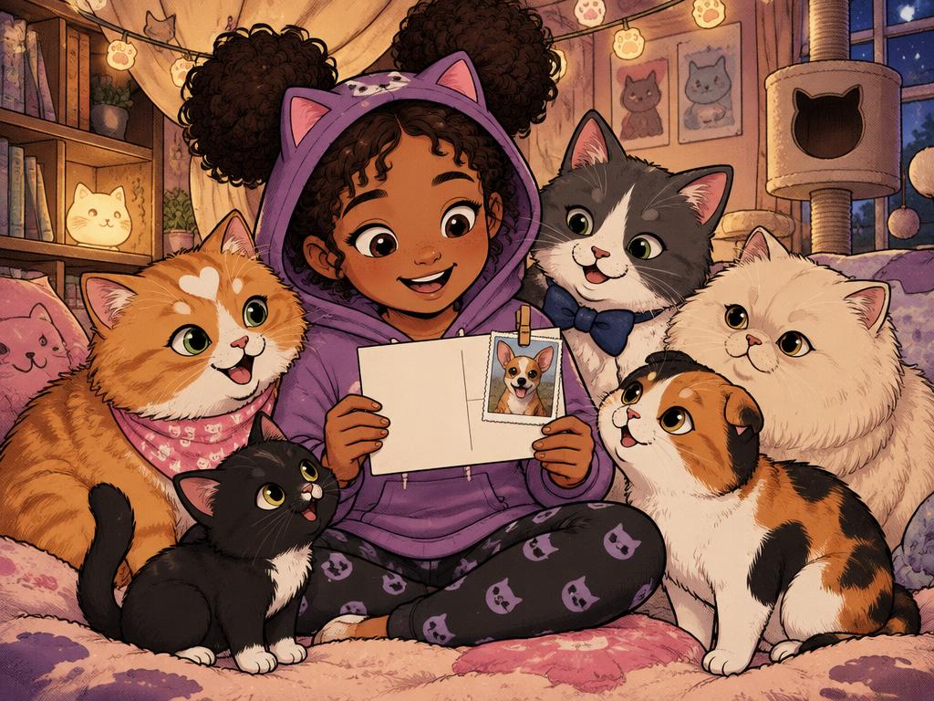 Marisha showing the band a postcard from Burrito in the cat clubhouse