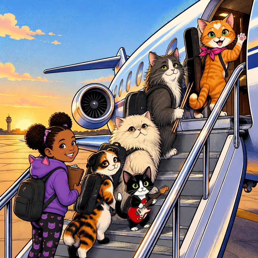 The cat band boarding a shiny tour jet at sunrise with Marisha holding a clipboard