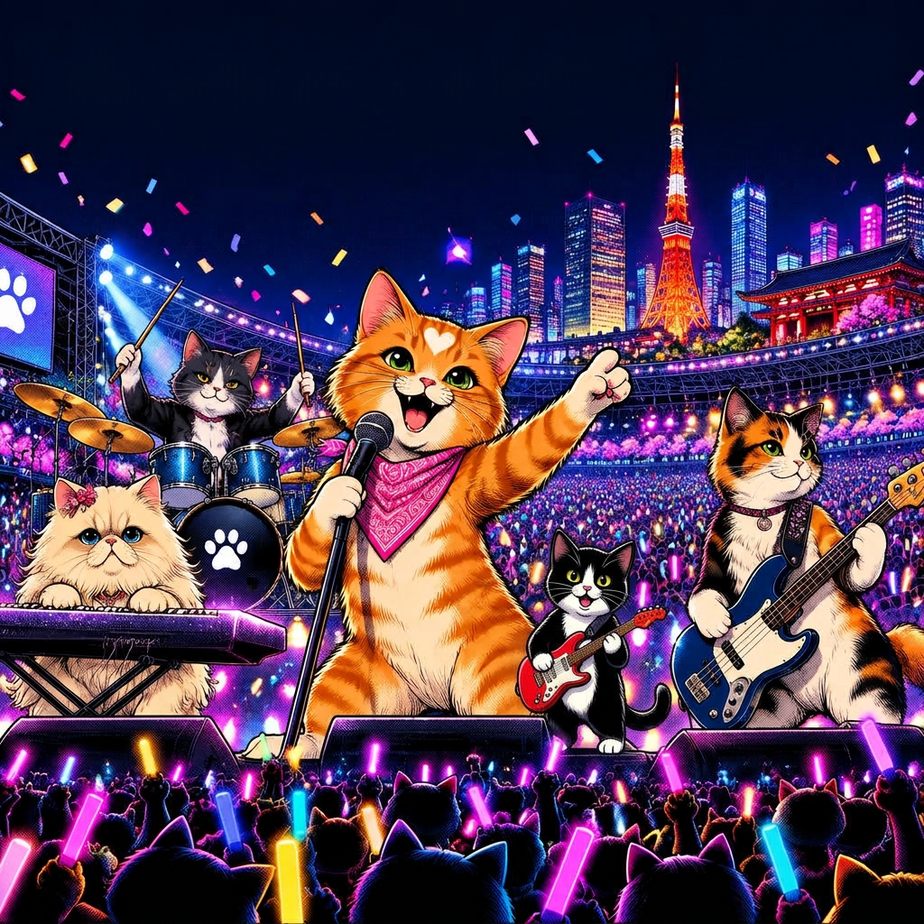 The cat band playing a huge neon stadium concert in Tokyo
