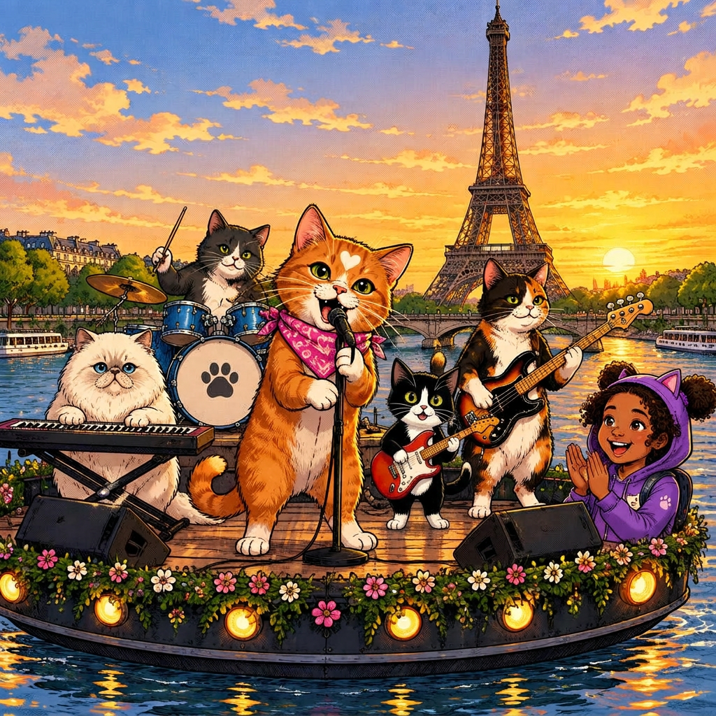 The band playing on a floating stage in front of the Eiffel Tower at golden hour
