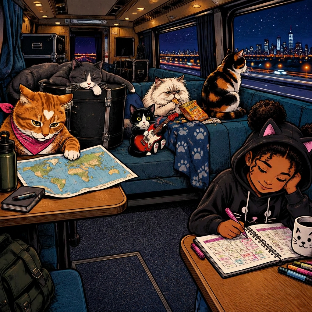 The band resting inside the tour bus at night with city lights passing the window