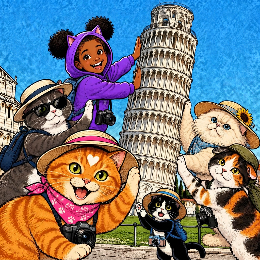 The cats and Marisha striking silly poses holding up the Leaning Tower of Pisa