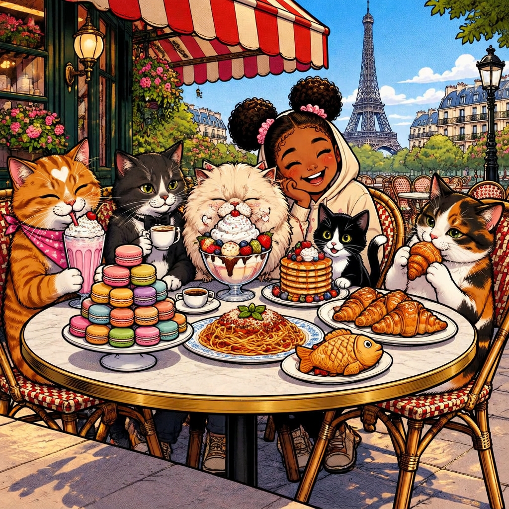 The band eating enormous fun foods at a Paris sidewalk cafe