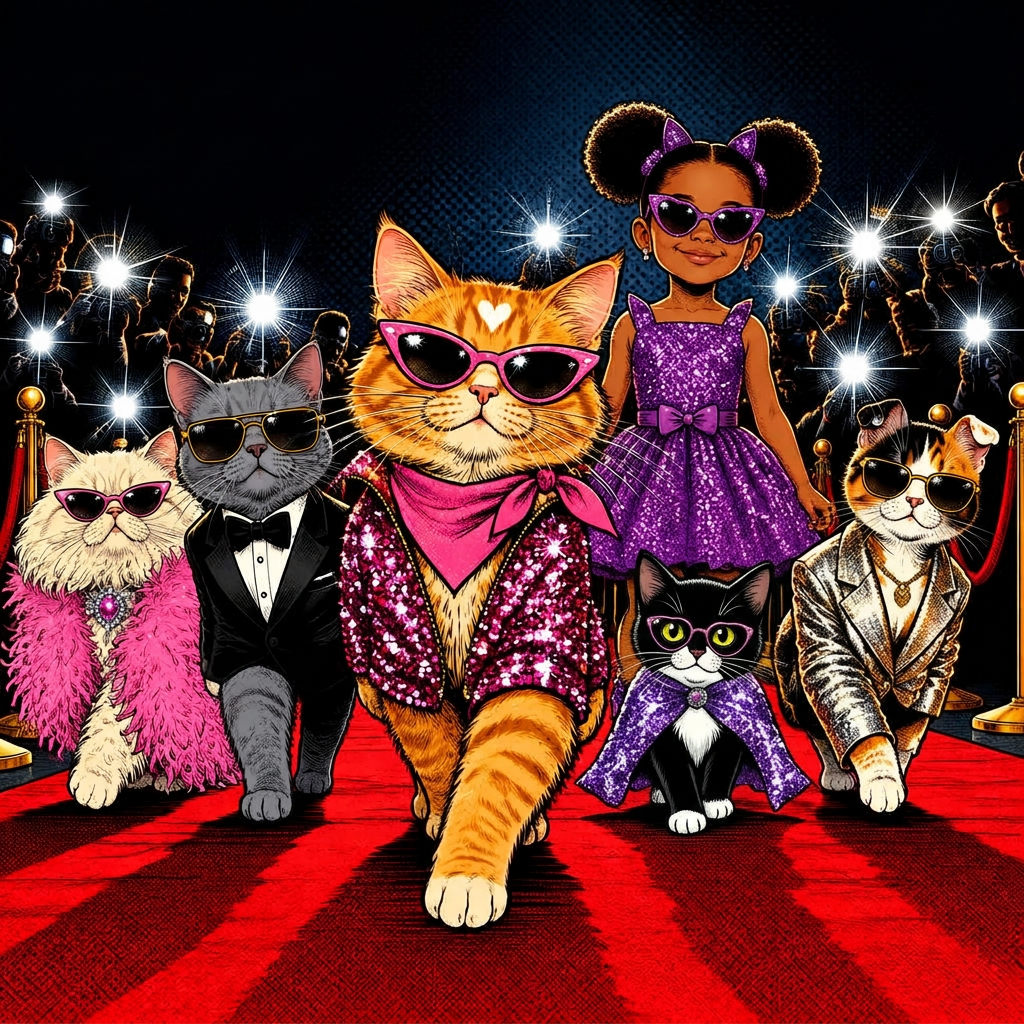 The cats strutting down a red carpet in sparkly outfits with camera flashes