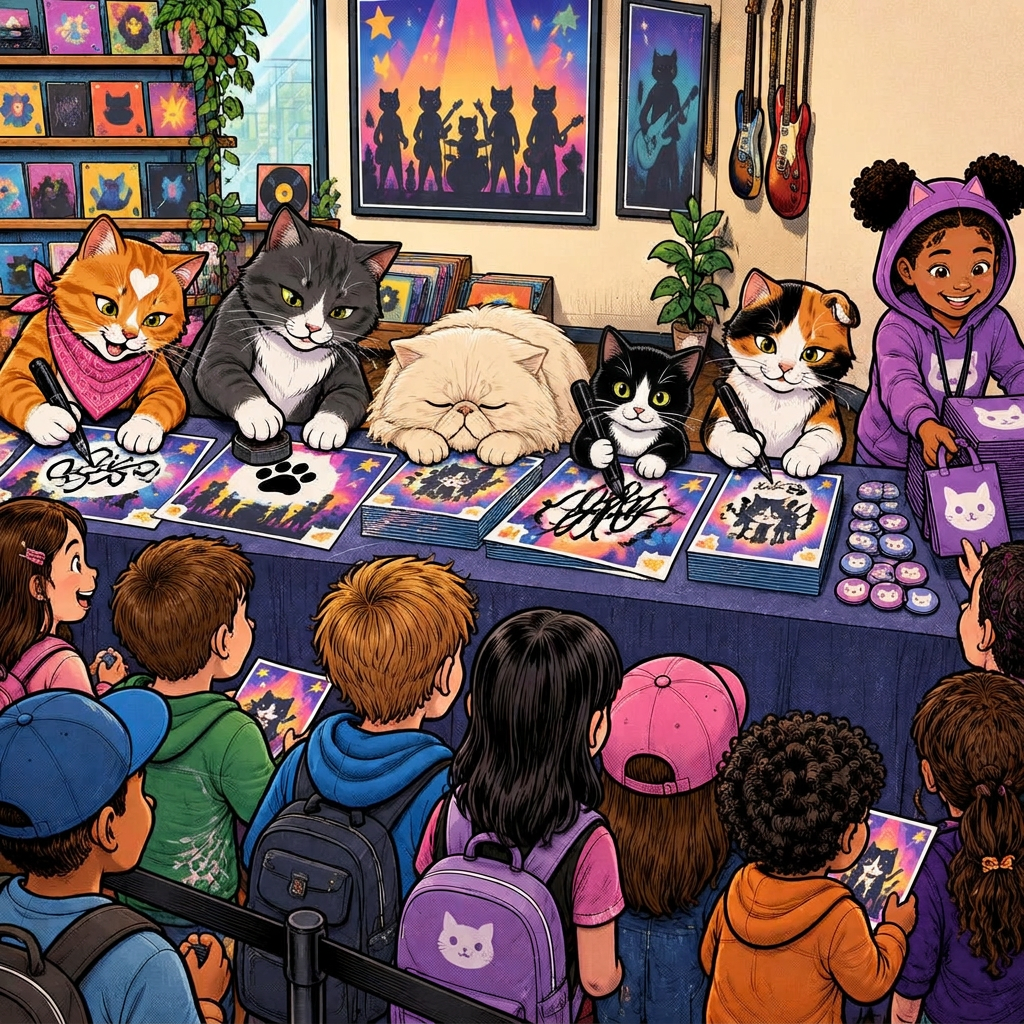 The band signing autographs at a table for a long line of fans