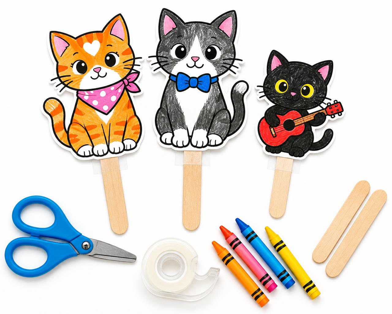 Three finished popsicle-stick puppets of the band, with scissors, tape and crayons