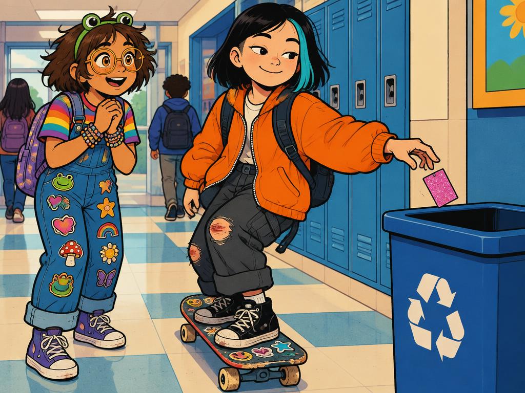Junie rolling up on her skateboard and dropping her pink glitter membership card into a recycling bin without looking, Azalea staring amazed