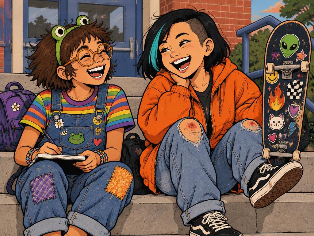 Azalea and Junie sitting on the school front steps at the end of the day, Junie balancing her skateboard on one sneaker, both laughing