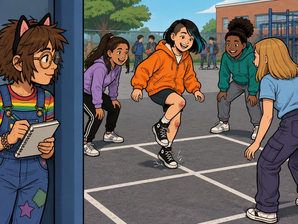Junie walking straight into a four-square game mid-bounce and being instantly included, Azalea watching from behind a pole taking notes