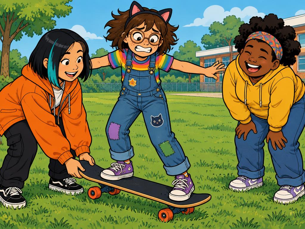 Junie steadying her skateboard on the grass while Azalea wobbles on it with both arms out, Nia doubled over laughing