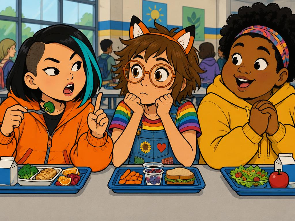 At a cafeteria table Junie holds up one finger mid-bite to cut in, Azalea sits on her hands with her mouth shut, Nia looks pleasantly surprised