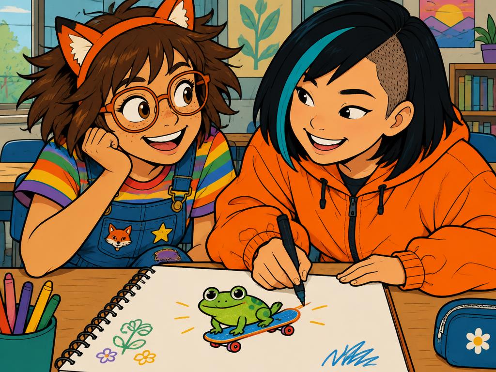 Close view of an open sketchbook with a frog doodle, Azalea drawing while Junie leans in and adds a skateboard under the frog