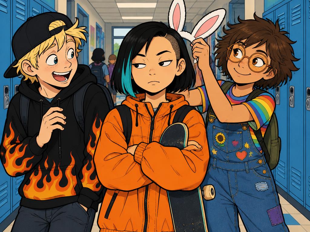 Junie stepping between Dash and Azalea in the locker hallway with her arms crossed and a flat unimpressed stare, Dash caught mid-laugh