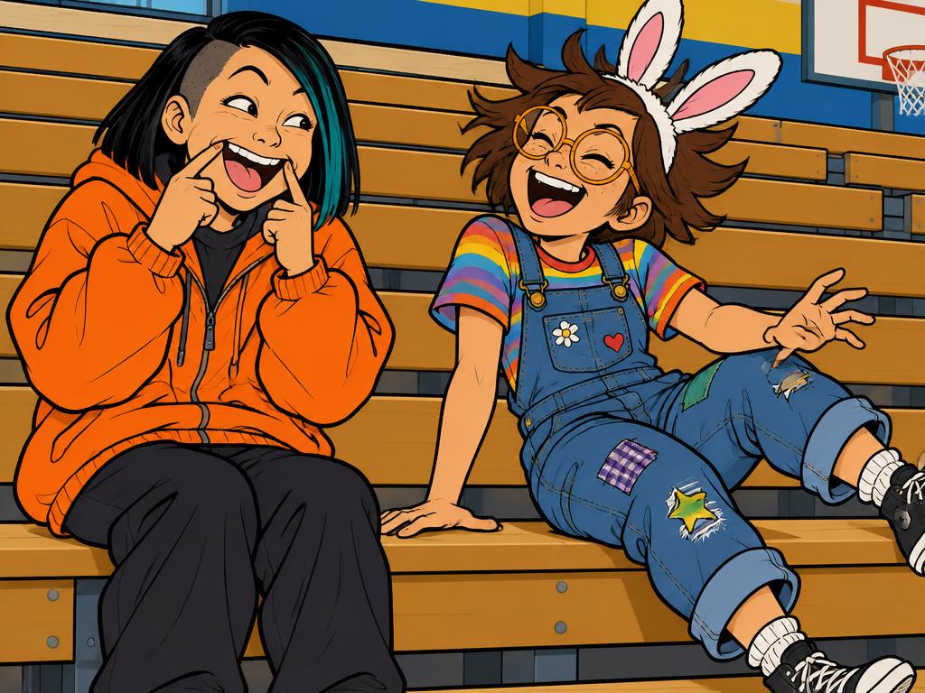 Junie and Azalea high on the empty gym bleachers, Junie pulling a ridiculous exaggerated fake-laugh face while Azalea cracks up
