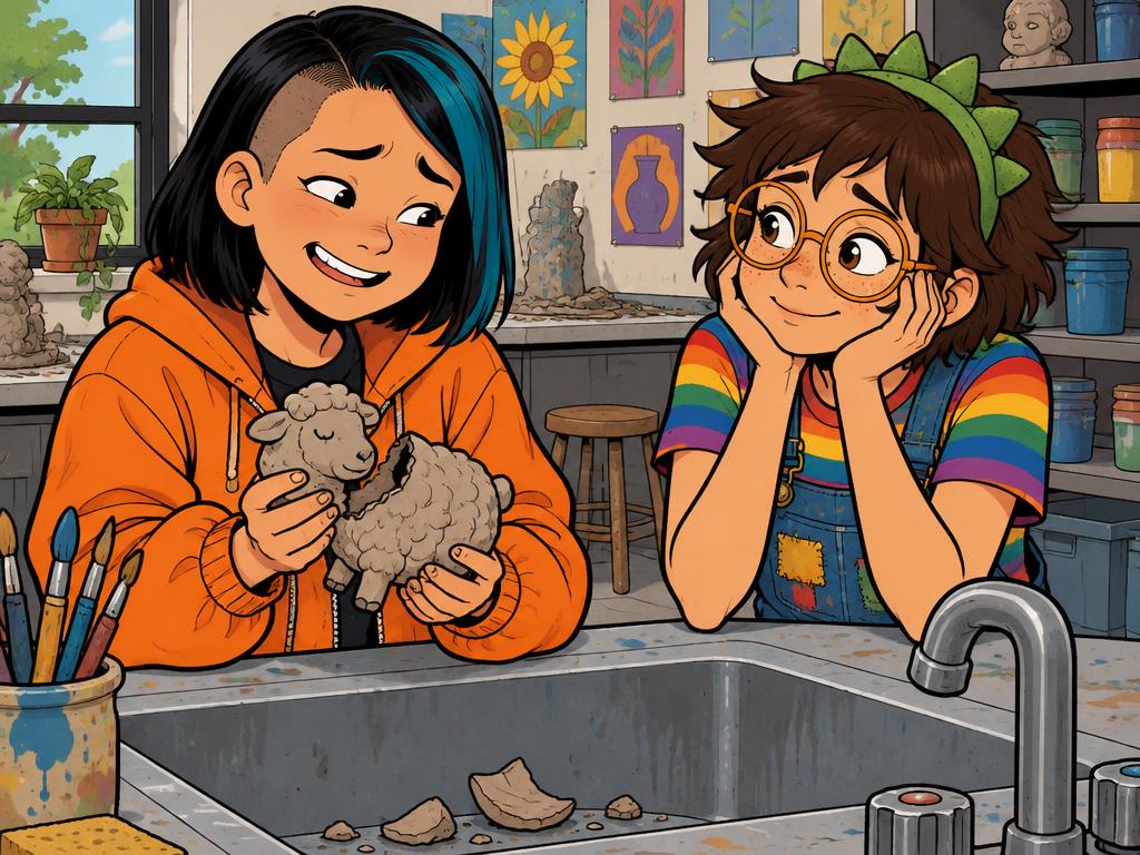 At the art room sink Junie holds up a broken clay sheep with a guilty grin, confessing to Azalea, who listens with her hands on her cheeks