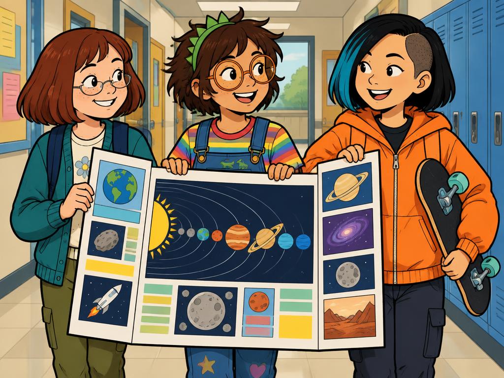 Savannah, Azalea and Junie carrying the big finished project poster down the hallway together, all proud
