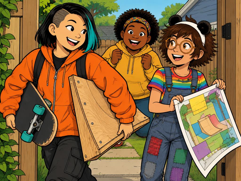 Junie arriving at the backyard gate with her skateboard and a homemade plywood ramp under one arm, Azalea's laminated plan crumpling, Nia thrilled
