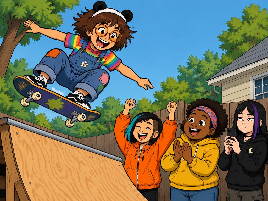 Azalea launching off the homemade plywood ramp on the skateboard mid-air shrieking with joy, Junie cheering, Nia clapping, Wren filming deadpan