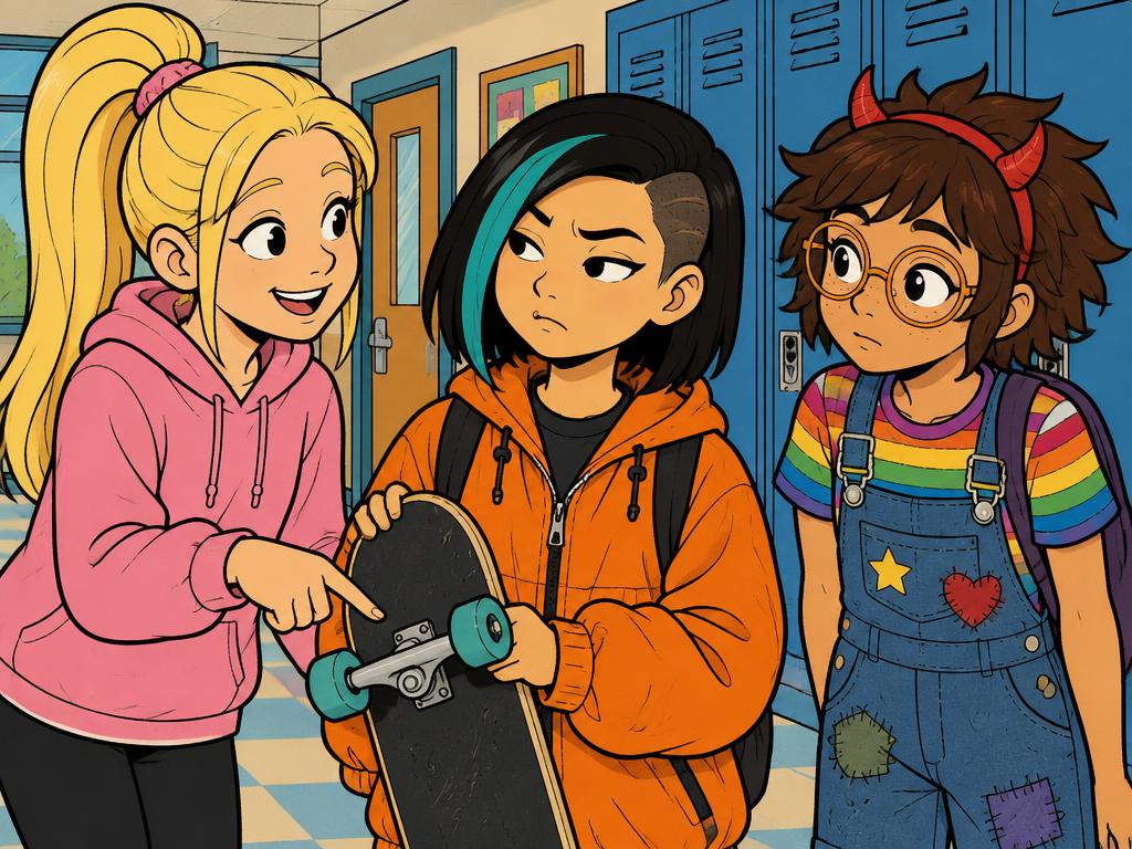 Peyton explaining a condition to Junie in the hallway while pointing at her skateboard, Junie raising one eyebrow, Azalea watching