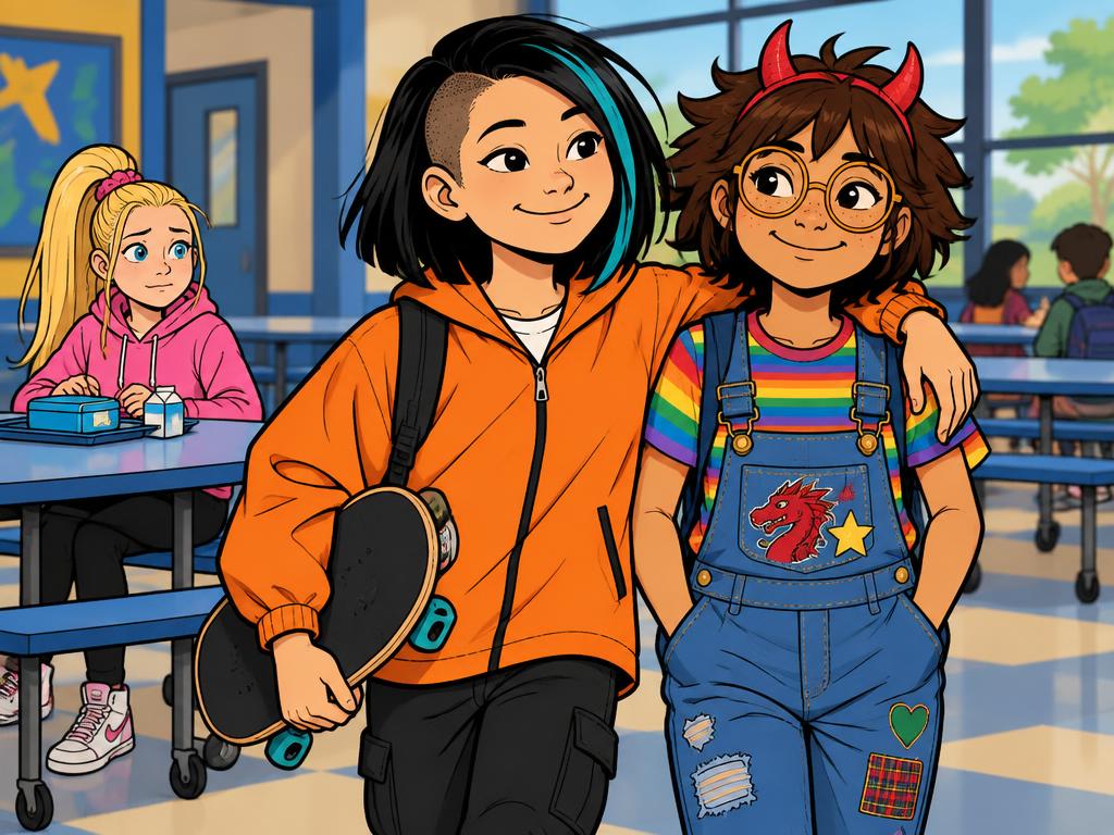 Junie and Azalea walking away from the lunch table side by side, Junie's arm over Azalea's shoulders, Peyton left behind at the table