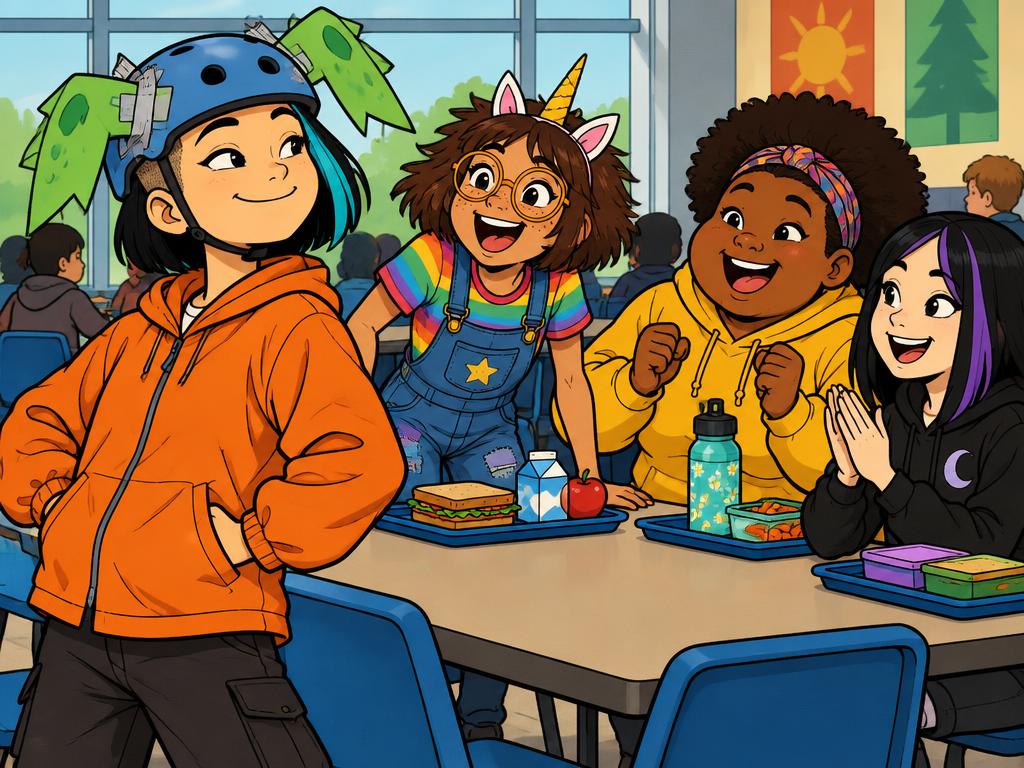 Junie arriving at the Ears Club table wearing a skate helmet with paper dinosaur ears duct-taped on, Azalea leaping up, Nia and Wren cheering
