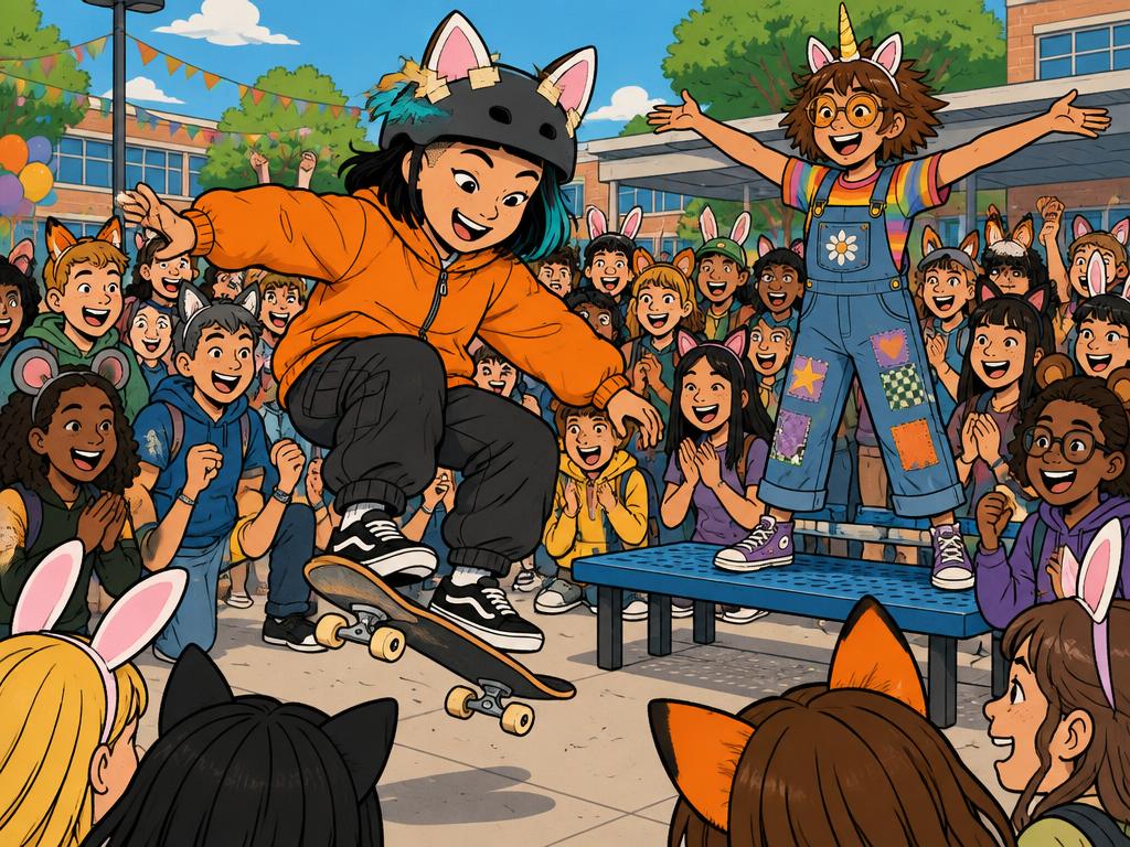 A packed school courtyard party, a crowd of kids in animal-ear headbands cheering while Junie pops a small skateboard trick and Azalea stands on a bench with both arms wide